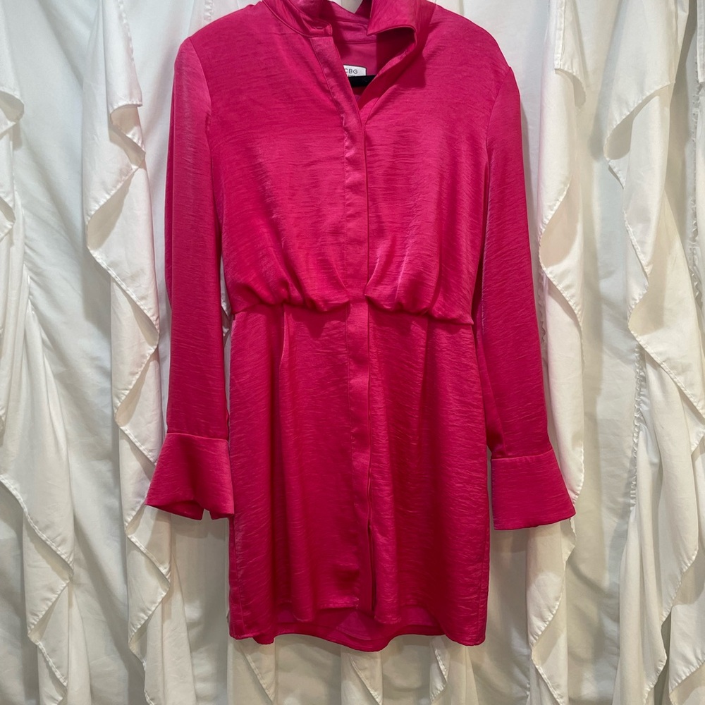 BCBG Hot Pink Button Down Mini Dress Sz S Polyester Long sleeve
